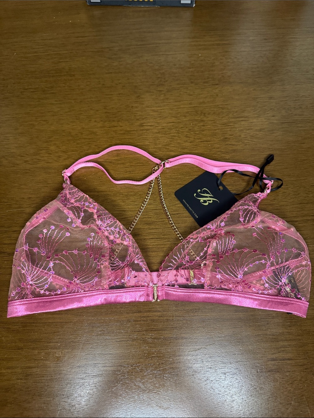 Honey Birdette Pink Lace Bralette with Gold Chain Accent Noelle